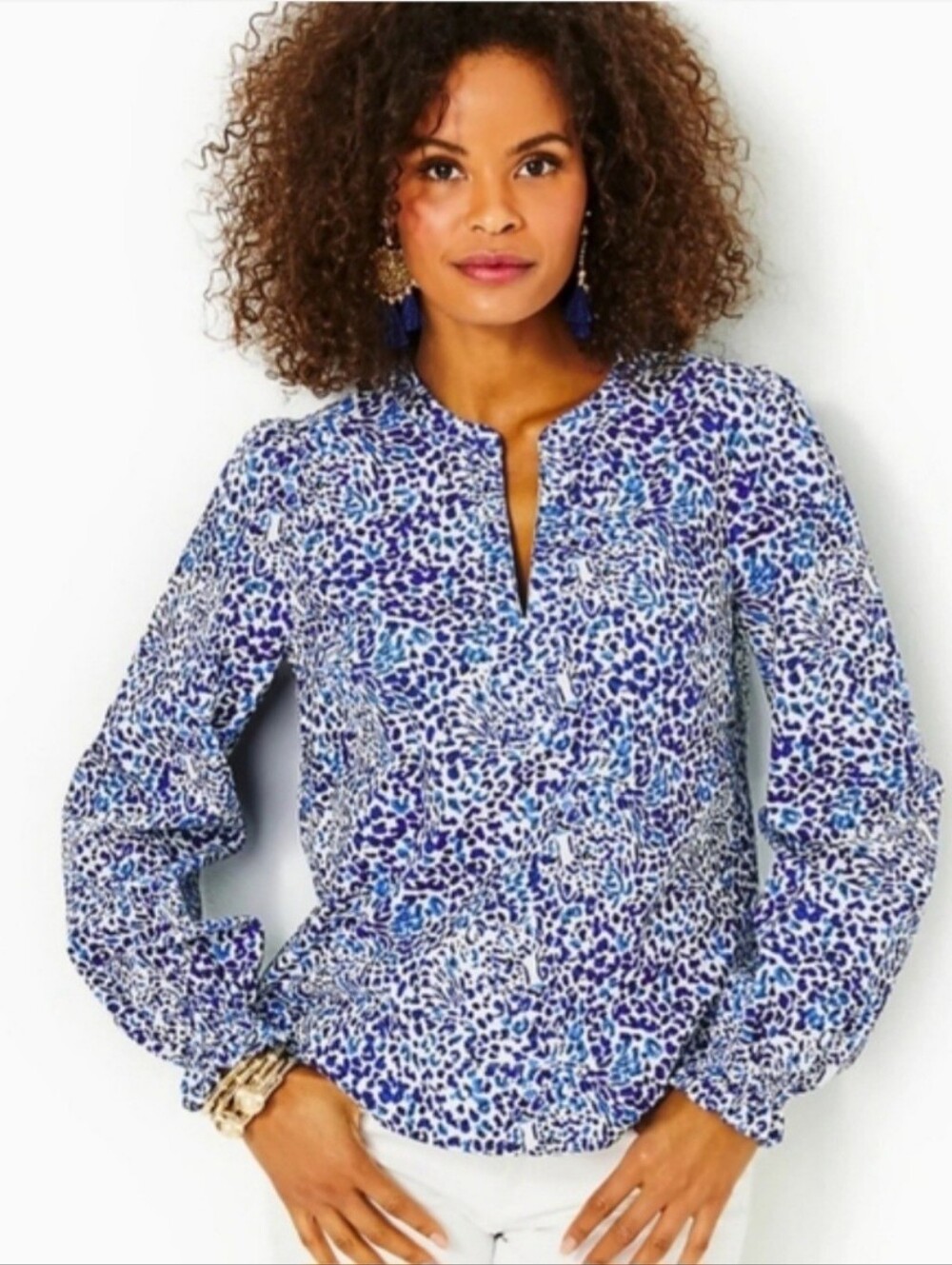 Lilly Pulitzer M Blue White 100% Cotton Print Blouse Long‎ Sleeve Split Neck Top